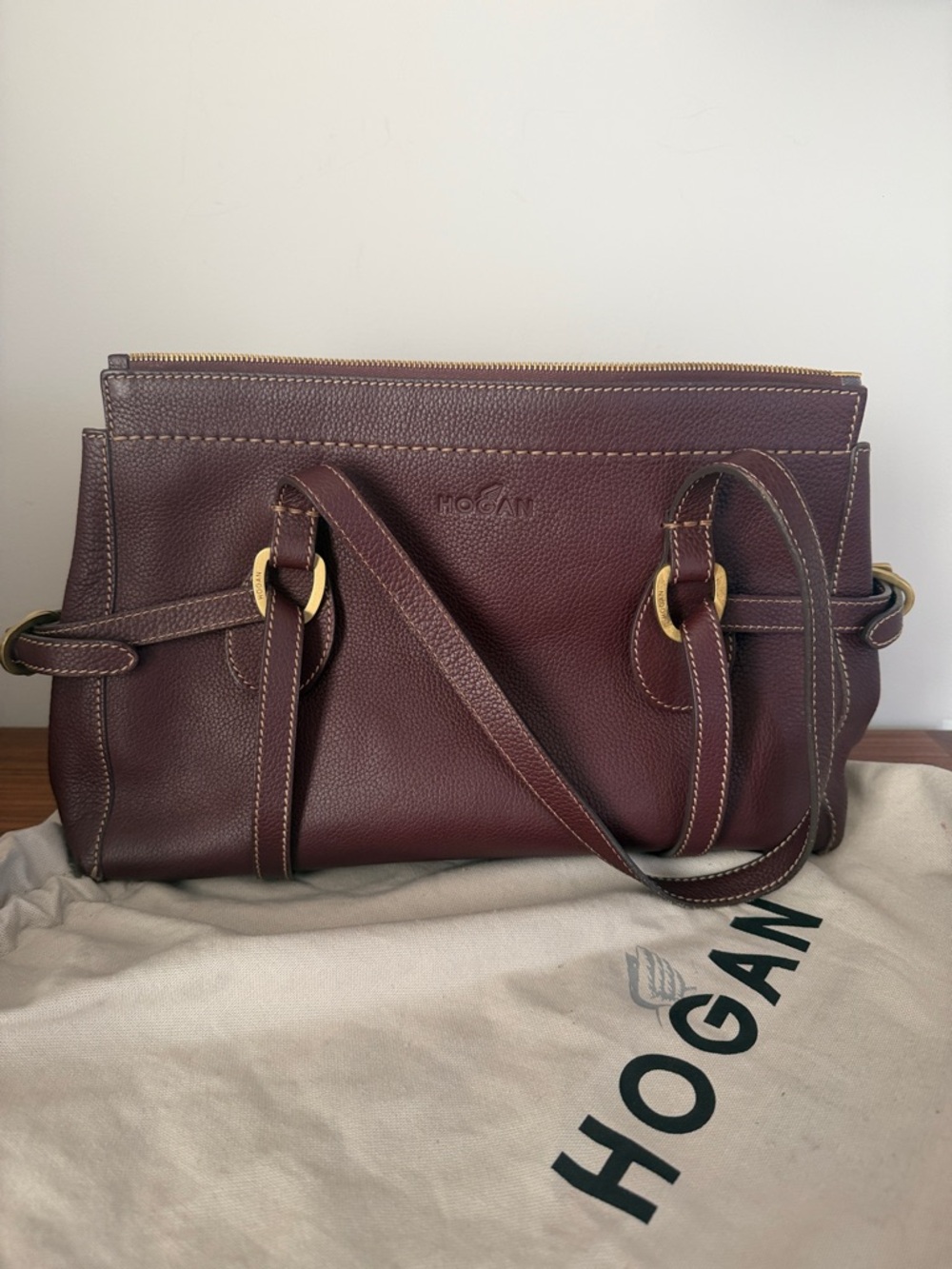 Hogan Deep Burgundy Leather Shoulder Tote with Gold Rings